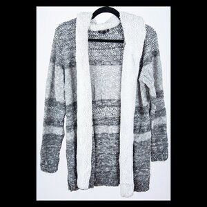 Lety & Me Womens Gray Stripe Sherpa Trim Hooded Open Cardigan Sweater XL EUC